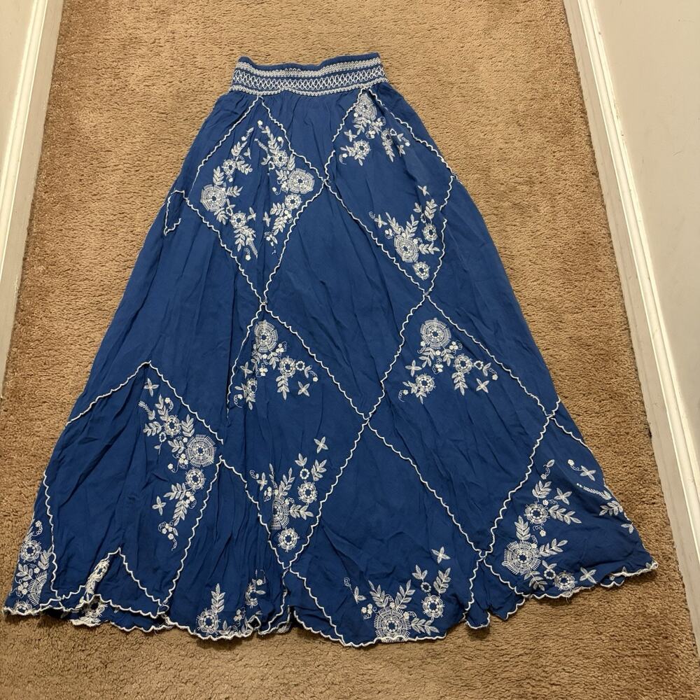 Anthropologie Meadow Rue Maxi Skirt Womens XXSP Blue Embroidered Boho Cottage